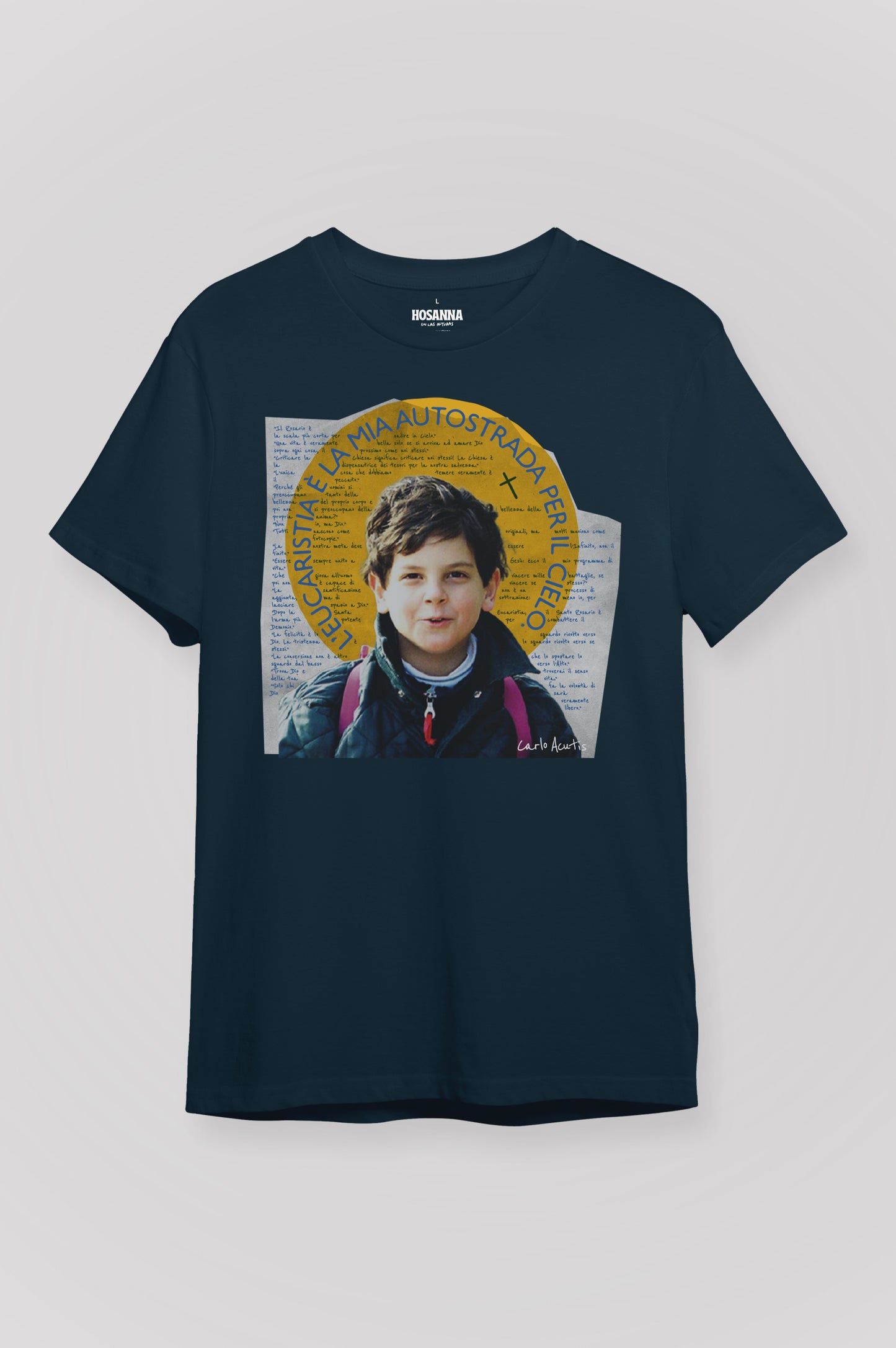 Playera Carlo Acutis – “La Eucaristía es mi autopista al Cielo”