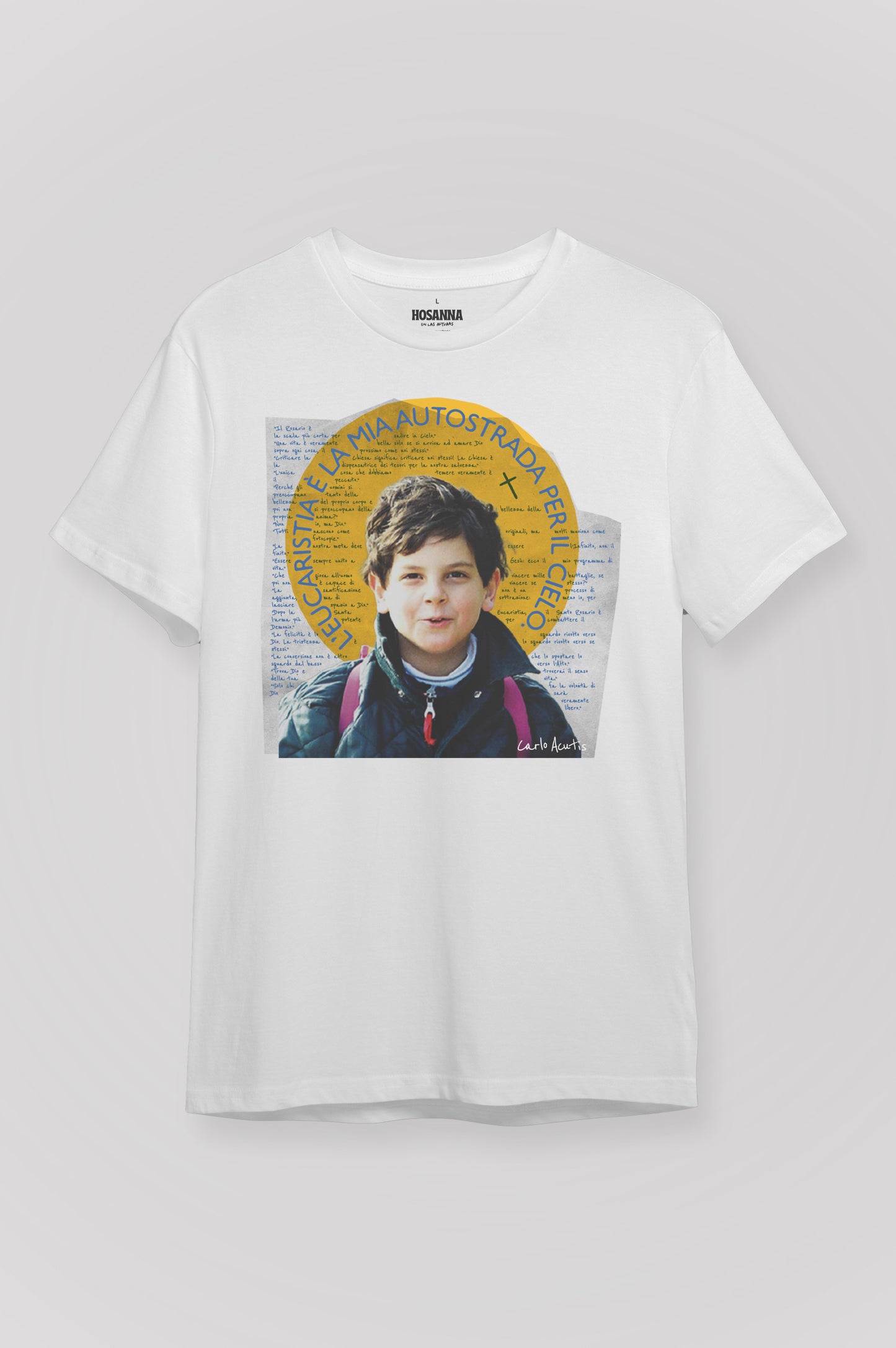 Playera Carlo Acutis – “La Eucaristía es mi autopista al Cielo”