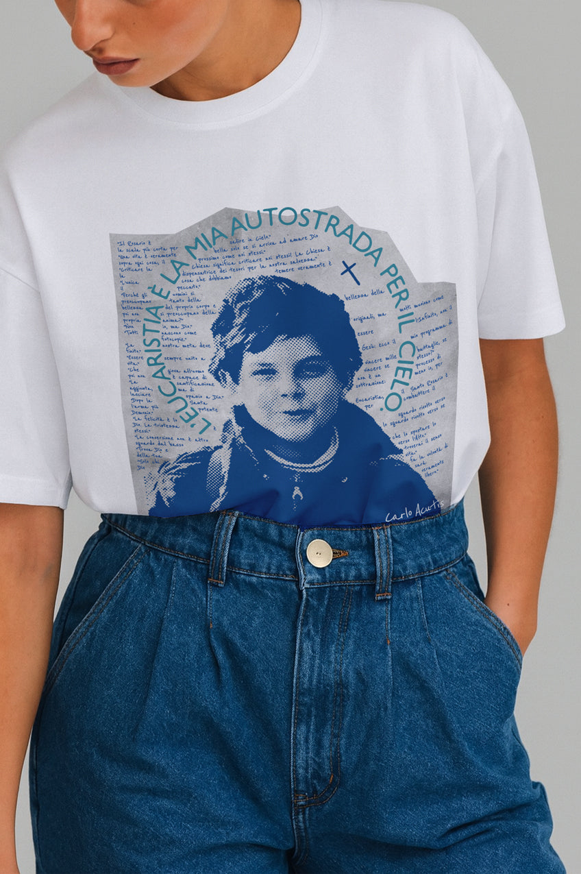 Playera Carlo Acutis – “La Eucaristía es mi autopista al Cielo”