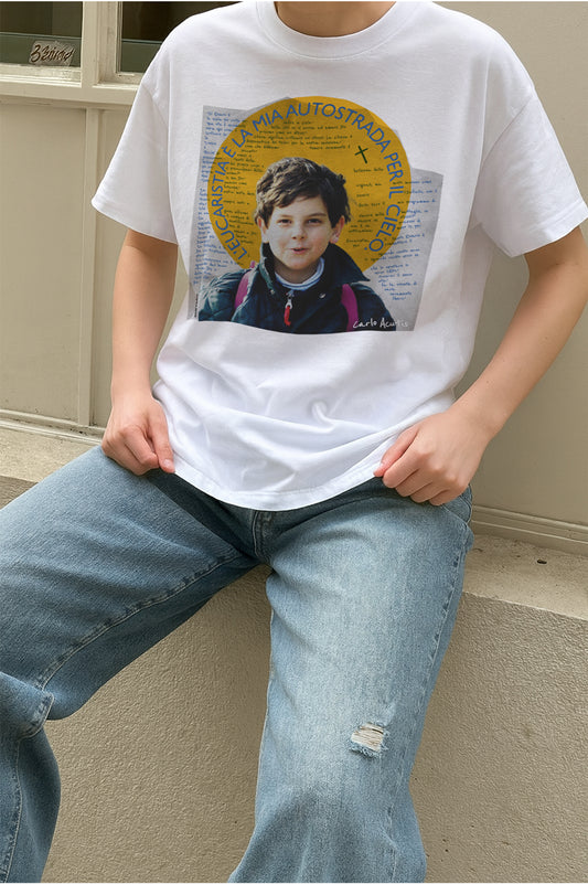 Playera Carlo Acutis – “La Eucaristía es mi autopista al Cielo”